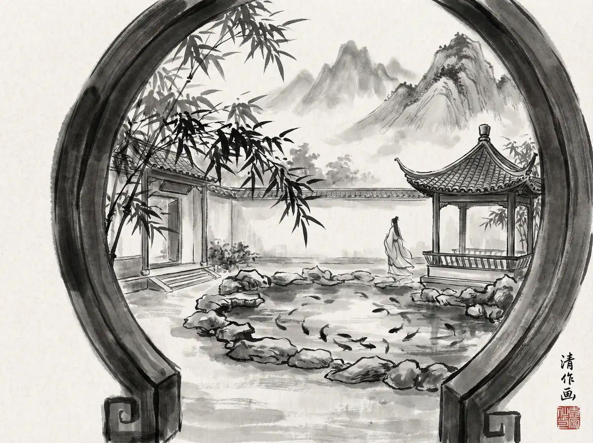 新葡京水墨风格中式园林酒店庭院全景