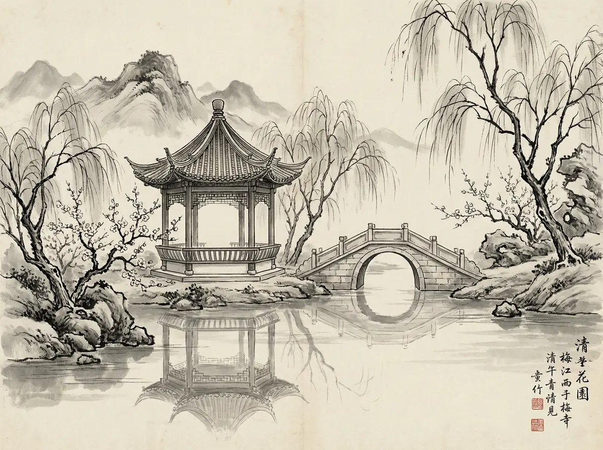 新葡京水墨画中的亭台楼阁与石桥倒影