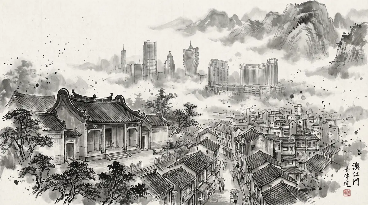 新葡京水墨国风全景画卷展现澳门古老街巷与现代酒店建筑群