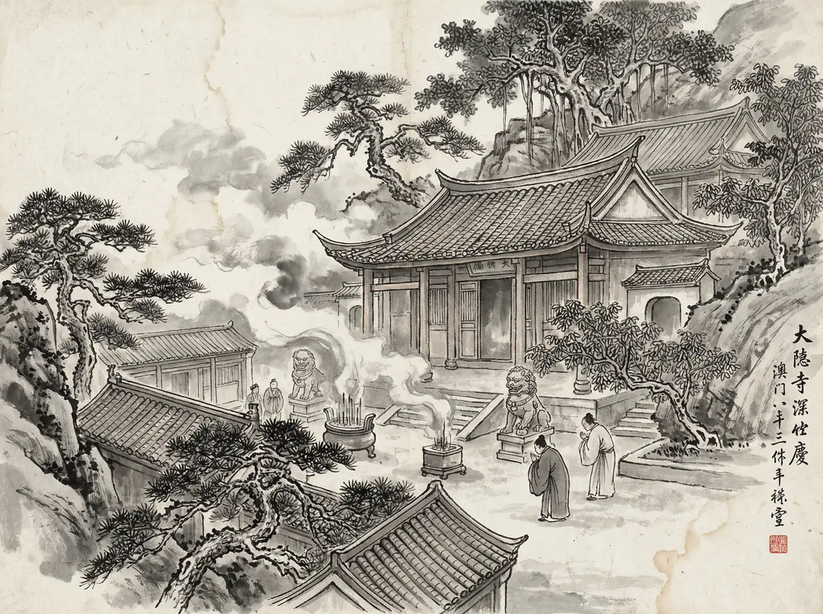 新葡京推荐澳门妈阁庙水墨画风格