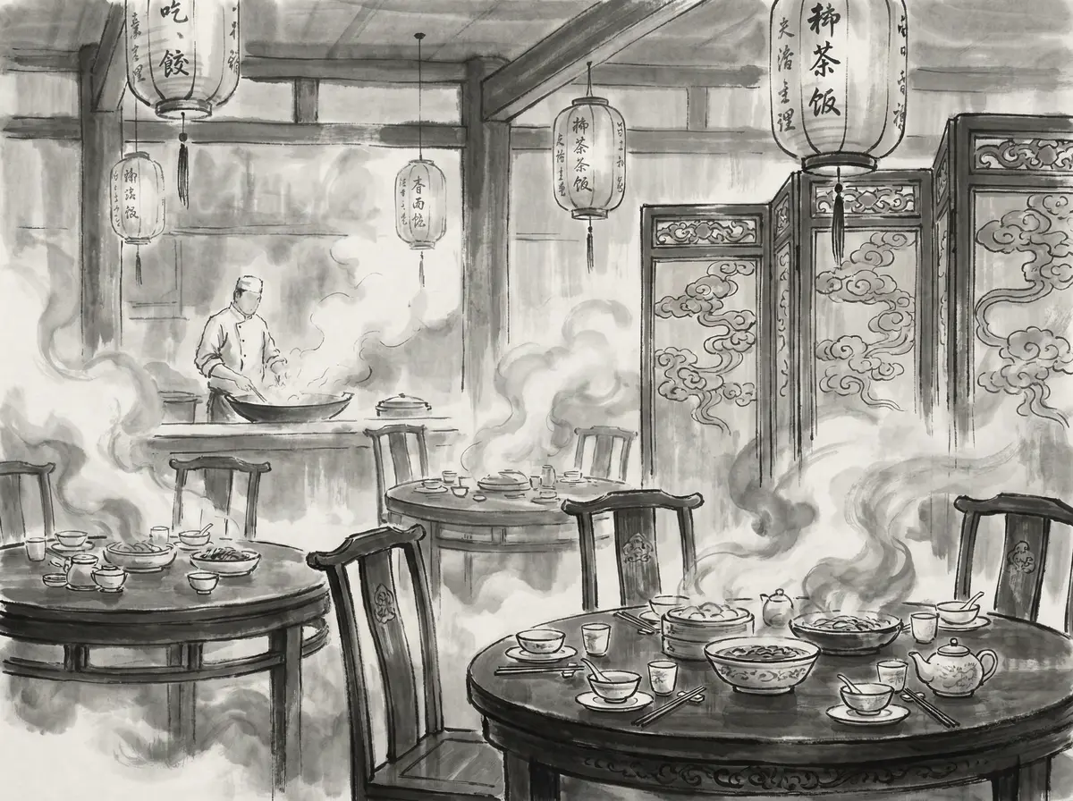 新葡京墨香食府水墨风格中餐厅内景展示传统瓷器餐具与雕花屏风