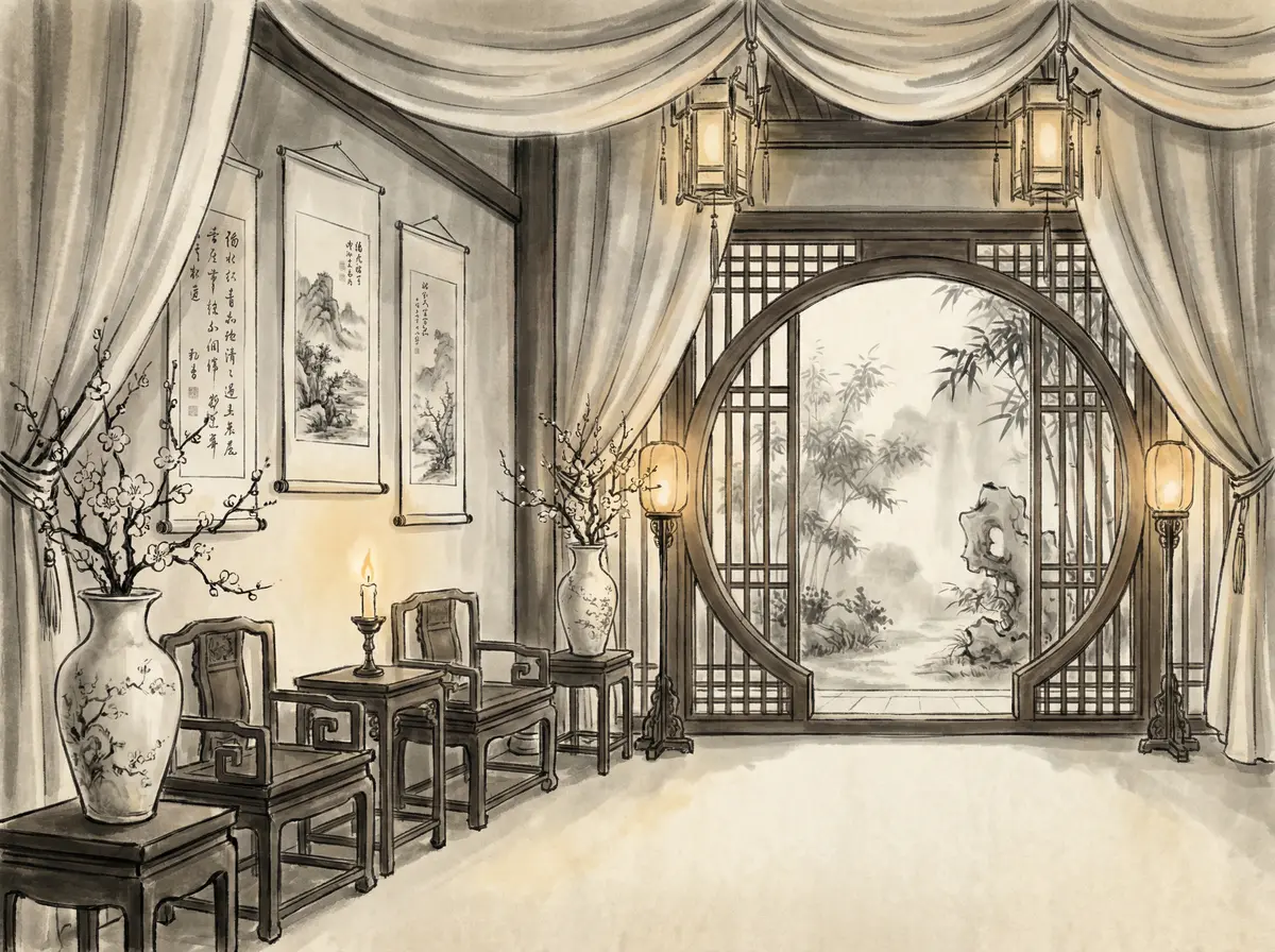 新葡京丝绸帷幔园林景观客房展示月洞门与竹林景致