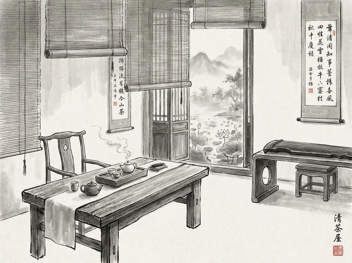 新葡京听雨轩茶室水墨画风格展示功夫茶具与古琴