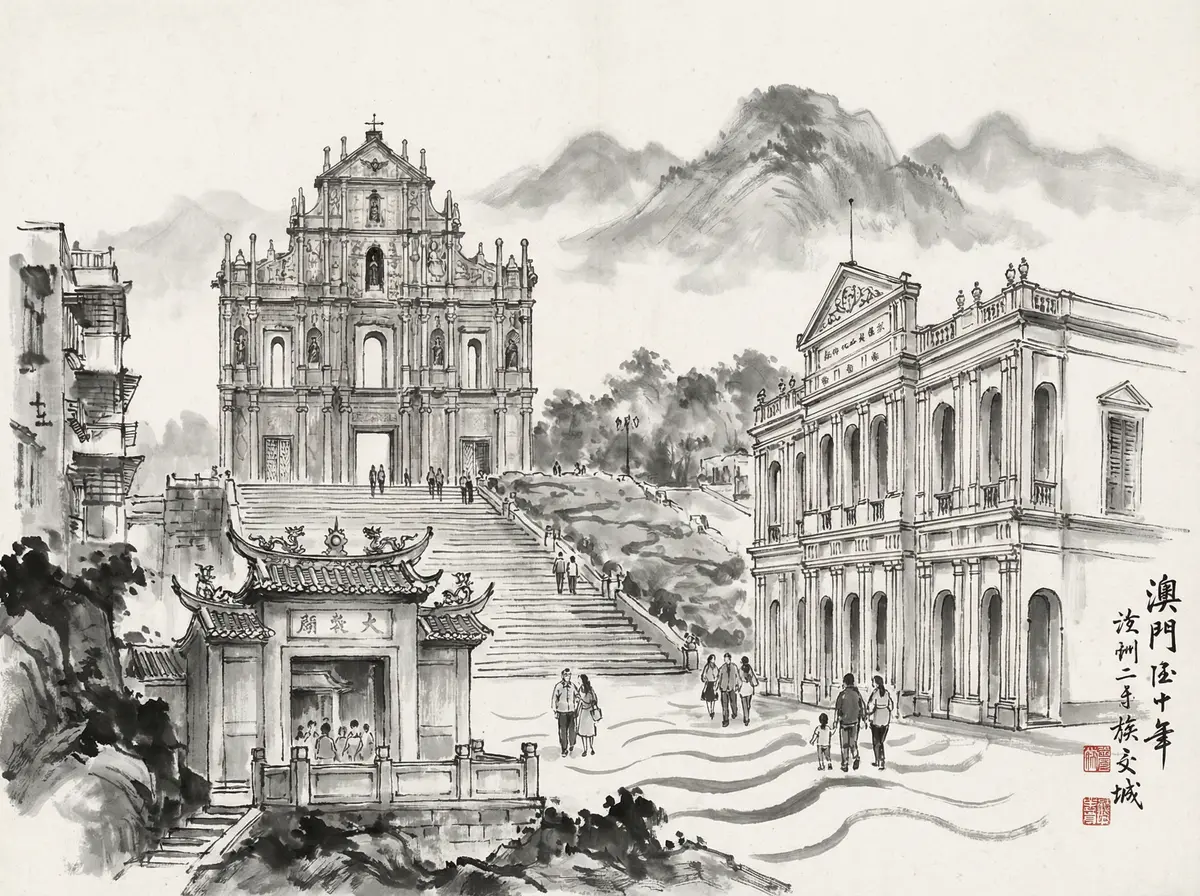 新葡京推荐澳门大三巴牌坊水墨画风格旅游景点